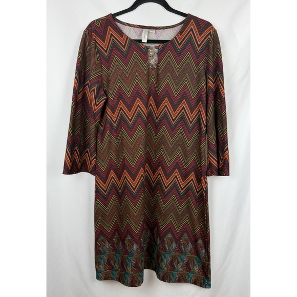 Tacera Tops - Tacera Chevron Knit Tunic Dress L Large Boho 3/4 Sleeve Gold Hardware Geometric